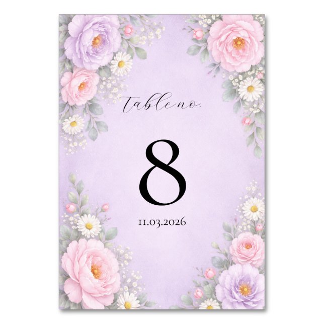 Tarjetas de número de mesa florales de lavanda ros (Anverso)