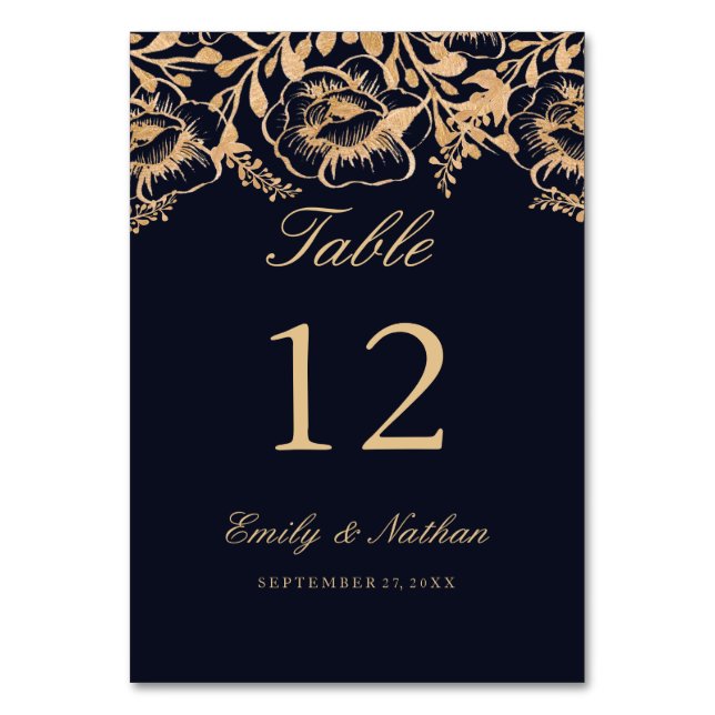 Tarjetas de número de mesa florales de oro vintage (Anverso)