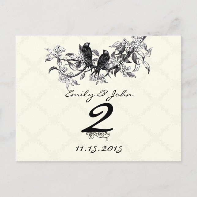 Tarjetas de número de mesa para boda de pájaros vi (Anverso)