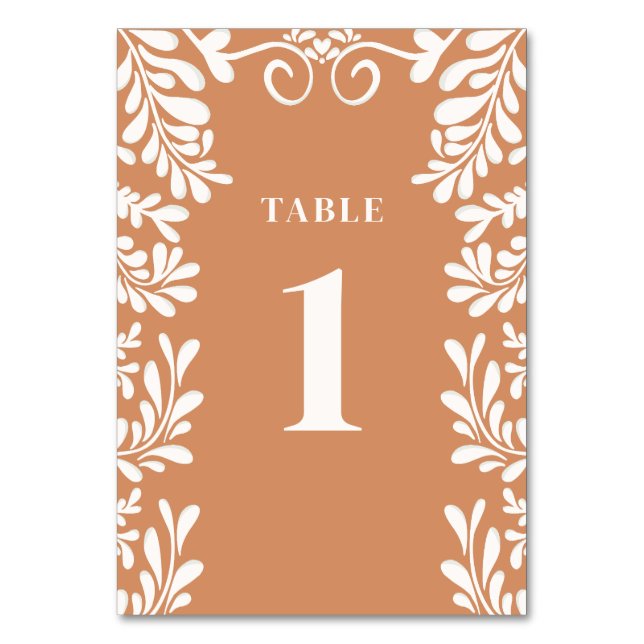Tarjetas de número de mesa para boda mexicana de T (Anverso)