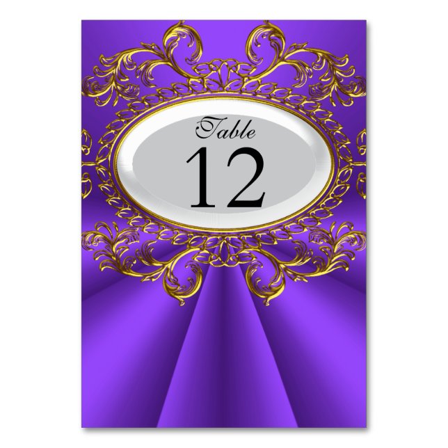 Tarjetas de Número de Mesa Royal Purple Blanco Oro (Anverso)