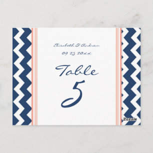 Tarjetas de número de tabla boda Coral Blue Chevro