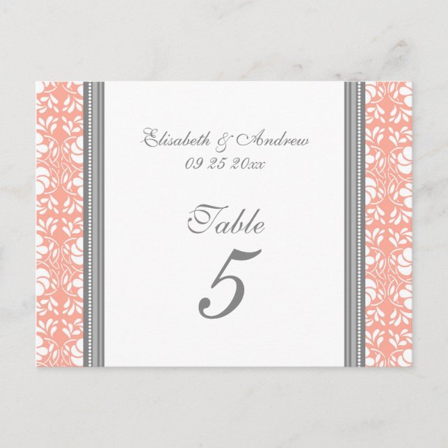 Tarjetas de número de tabla boda Damasco de color  (Anverso)