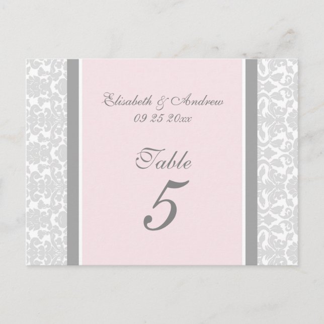Tarjetas de número de tabla boda Damasco gris rosa (Anverso)