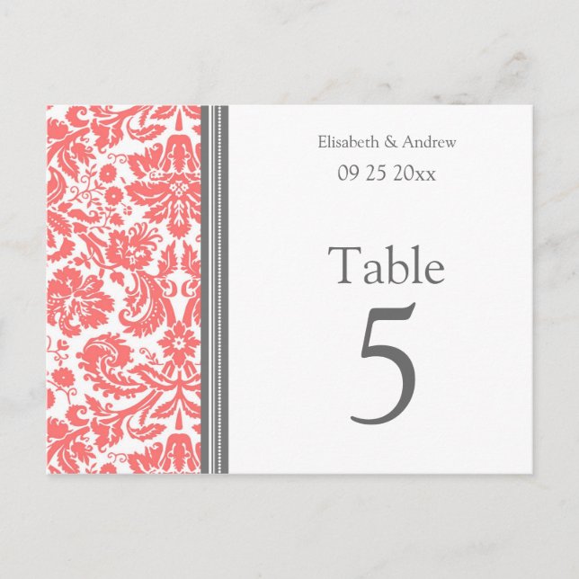Tarjetas de número de tabla boda de coral gris (Anverso)