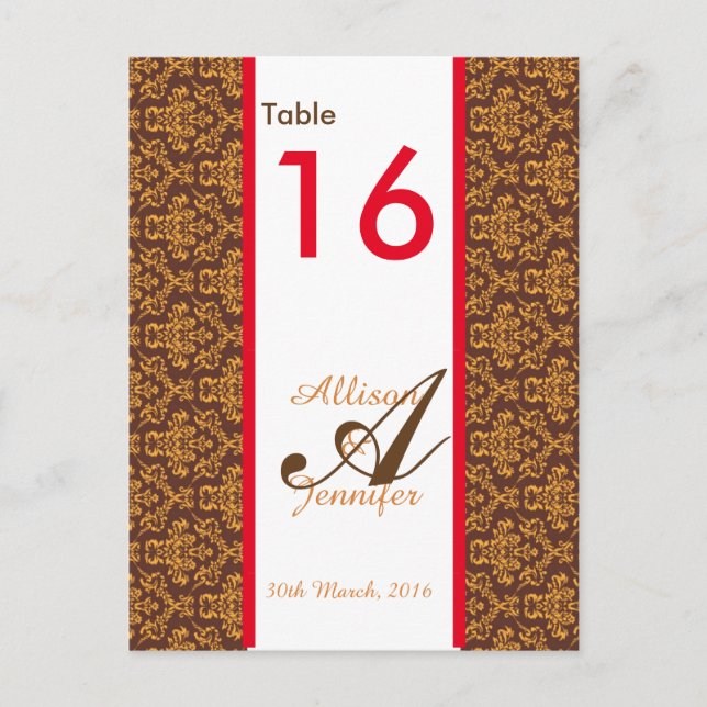 Tarjetas de número de tabla Damask Brown Naranja r (Anverso)