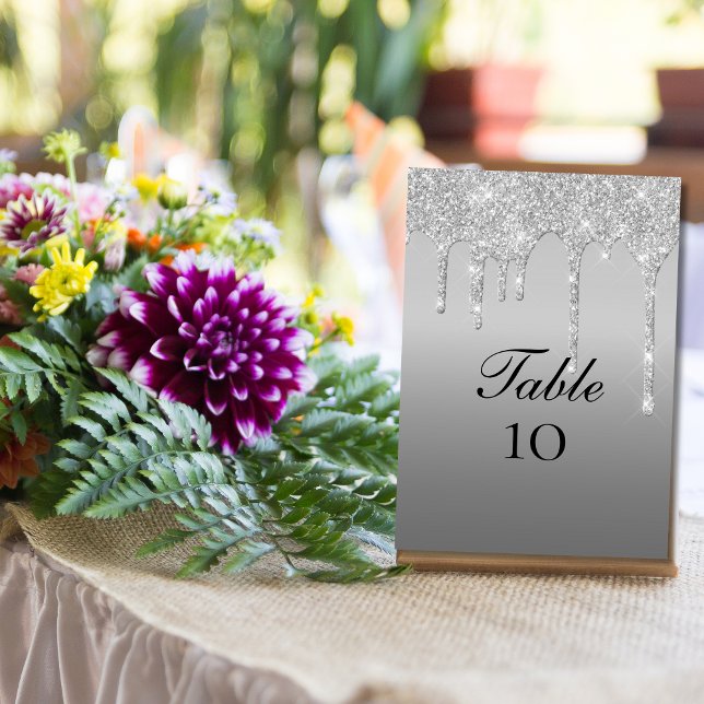 Tarjetas de número de tabla de Boda de goteo de Pu (Silver Dripping Glitter Elegant Wedding Table number Cards)