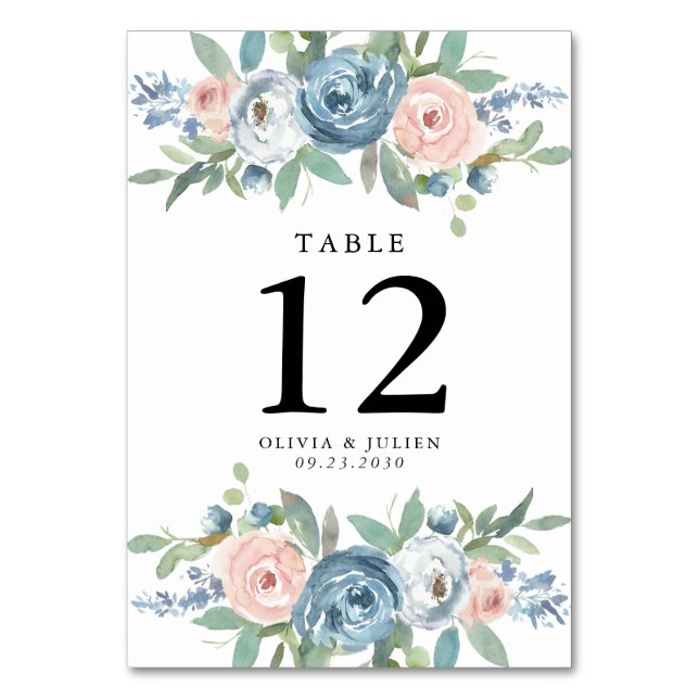 Tarjetas de número de tabla de Boda Rosa Dusty Blu (Anverso)