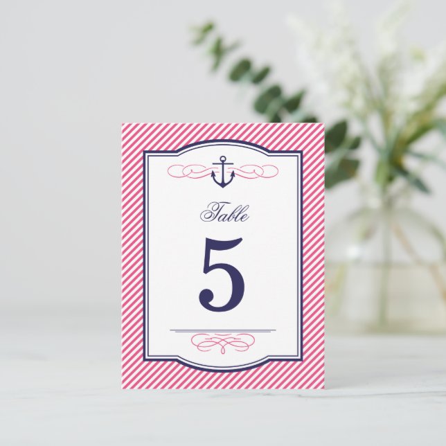 Tarjetas de número de tabla de Bodas náuticos rosa (Anverso de pie)