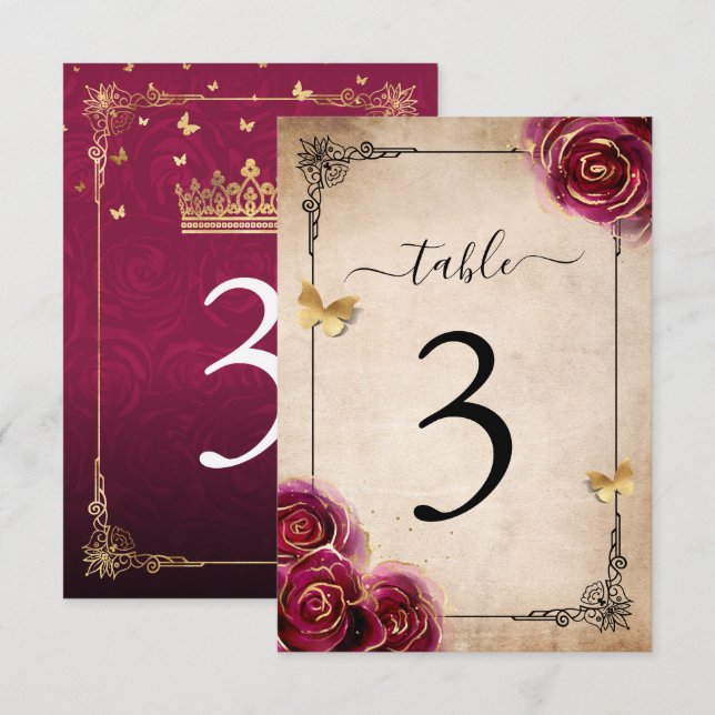 Tarjetas de número de tabla de Rosa de oro de ciru (Anverso / Reverso)
