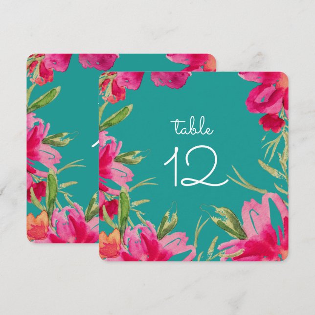 Tarjetas de numero de tabla floral turquesa Fuchsi (Anverso / Reverso)