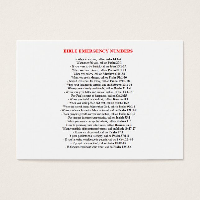 TARJETAS DE Números de Biblia de Emergencia (Frente)