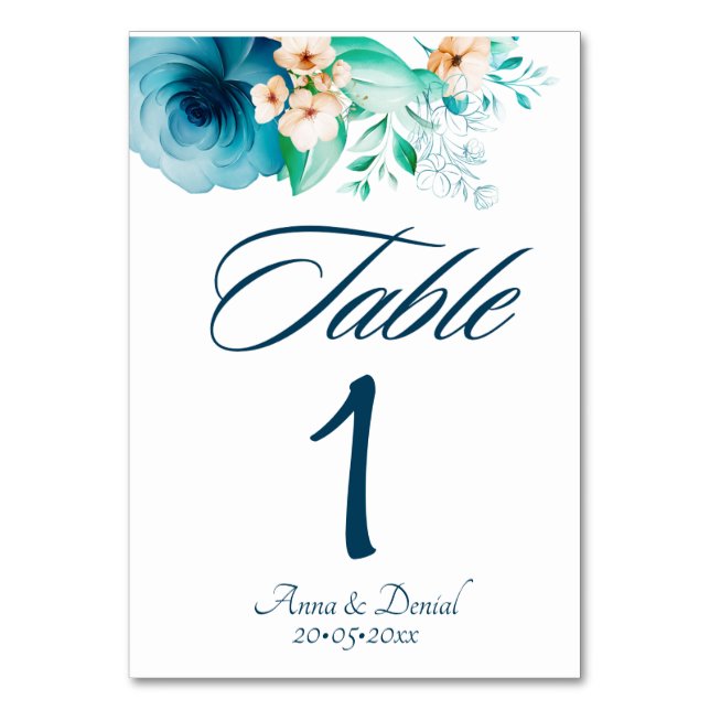 Tarjetas de números de mesa Azure Bloom para boda (Anverso)