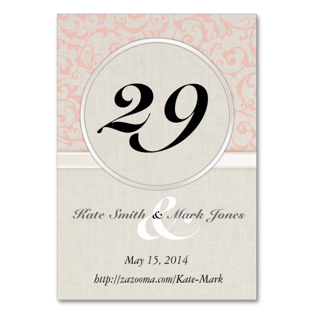 Tarjetas de números de mesa de recepción de coral  (Reverso)