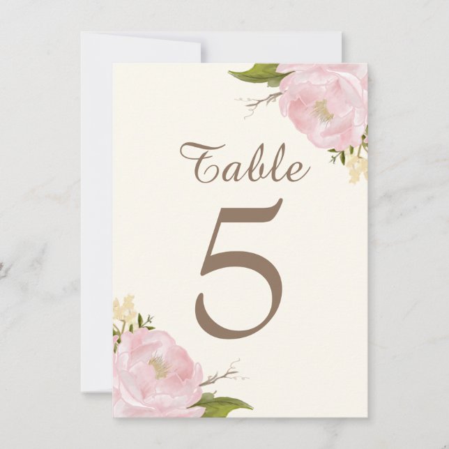 Tarjetas de Números de Mesa para Boda con Peonías  (Anverso)