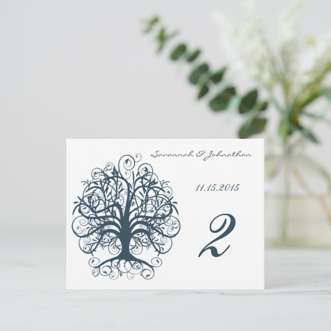 Tarjetas de números de tabla de árbol de Swirl azu (Anverso de pie)