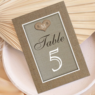 Tarjetas de números de tabla de Bodas de Burlap rú