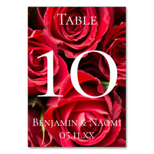 Tarjetas de números de tabla de Bodas de rosas roj