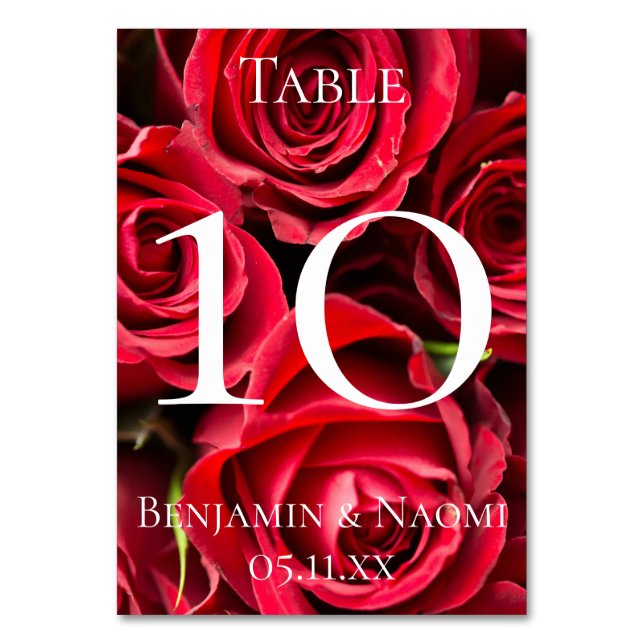 Tarjetas de números de tabla de Bodas de rosas roj (Anverso)