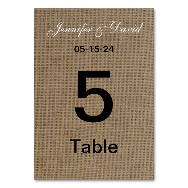Tarjetas de números de tabla de Burlap Look Boda (Anverso)