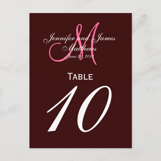 Tarjetas de números de tabla de monograma rosa mar (Anverso)