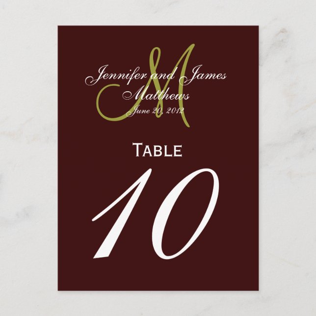 Tarjetas de números de tabla de monograma verde ma (Anverso)