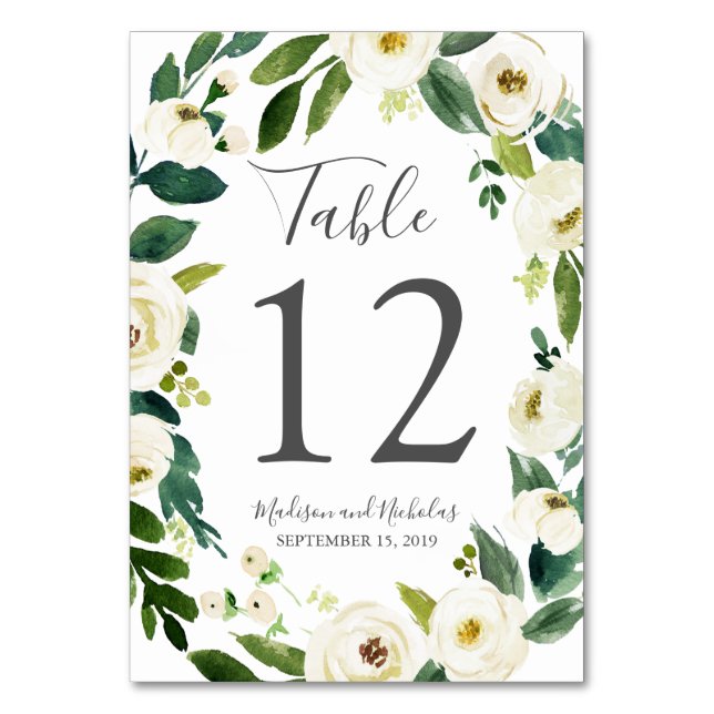 Tarjetas de números de tabla verde de flor blanca (Anverso)
