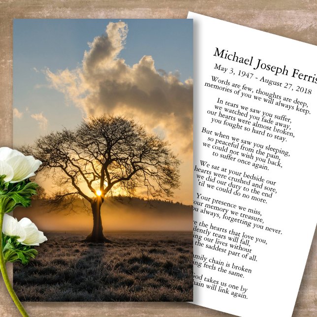 Tarjetas de oración | Árbol solitario 4 (sunset, sunrise, tree, celebration of life, in loving memory of, prayer cards for bereavement)