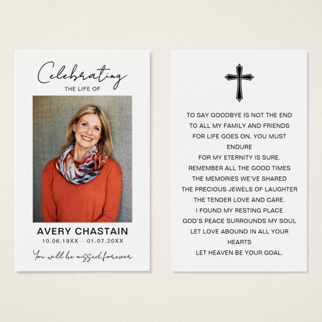 Tarjetas de oración con foto de funeral de Celebra (Anverso y reverso)