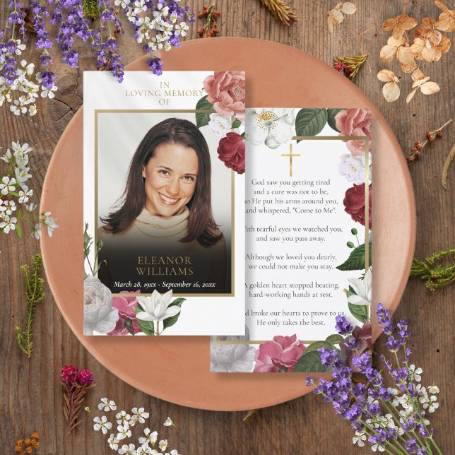 Tarjetas de oración con foto floral conmemorativa  (Funeral Memorial Floral Photo Prayer Cards)
