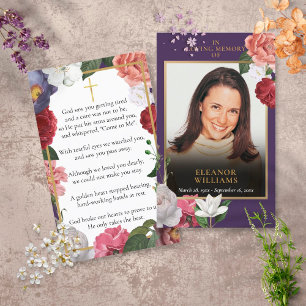 Tarjetas de oración con foto floral púrpura para m