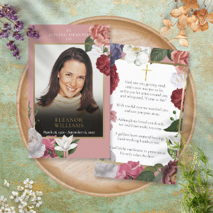Tarjetas de oración con foto floral rosa de recuer