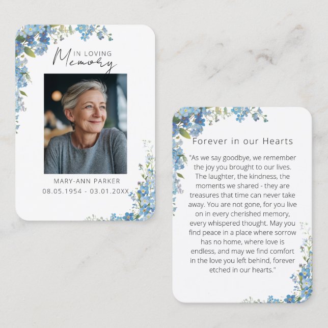 Tarjetas de Oración con Fotos de Flores Nomeolvide (Anverso / Reverso)