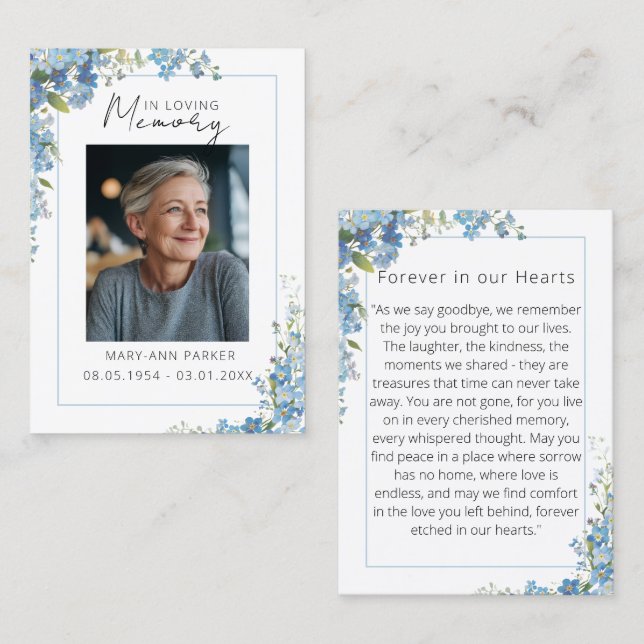 Tarjetas de Oración con Fotos de Flores Nomeolvide (Anverso / Reverso)