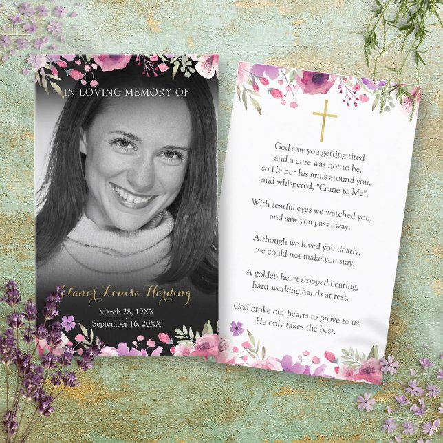 Tarjetas de oración fúnebre con foto floral en bla (Floral Black and White Photo Funeral Prayer Cards)
