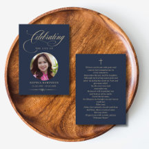 Tarjetas de oración fúnebre elegantes de azul y or