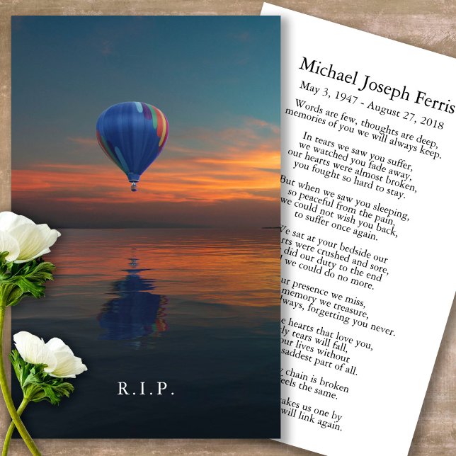 Tarjetas de oración | Globo de aire caliente - Del (sunset, sunrise, Balloon, celebration of life, in loving memory of, prayer cards for bereavement)