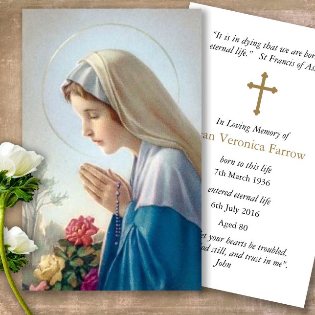 Tarjetas de oración | Hermosa Virgen María (catholic, religious, celebration of life, in loving memory of, prayer cards for bereavement)