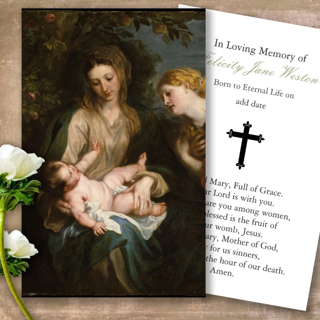 Tarjetas de oración | Madonna & Child & St Catheri (catholic, religious, celebration of life, in loving memory of, prayer cards for bereavement)