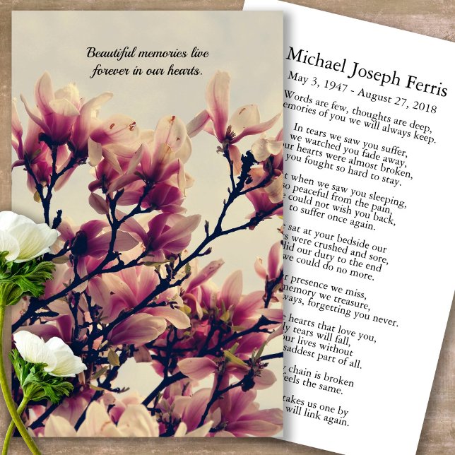 Tarjetas de oración | Magnolia dulce - Deluxe (Forever in our hearts, celebration of life, in loving memory of, prayer cards for bereavement)