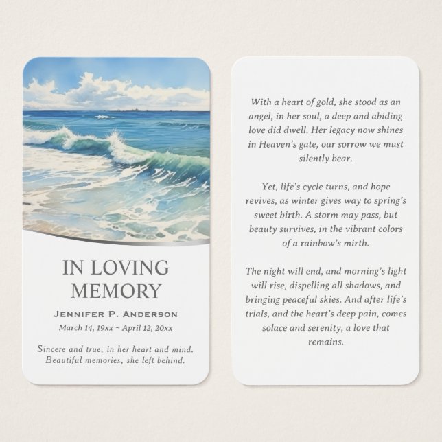 Tarjetas de Oración Memorial de Suaves Olas del Ma (Anverso y reverso)