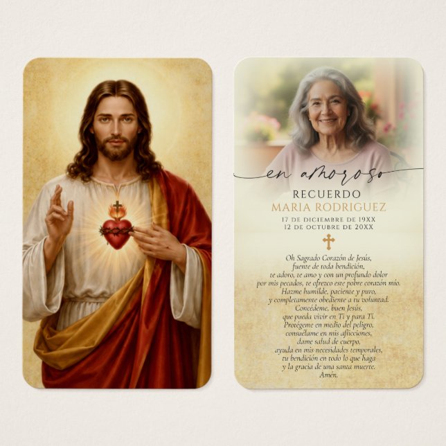 Tarjetas de Oración Memorial en Español del Sagrad (Anverso y reverso)