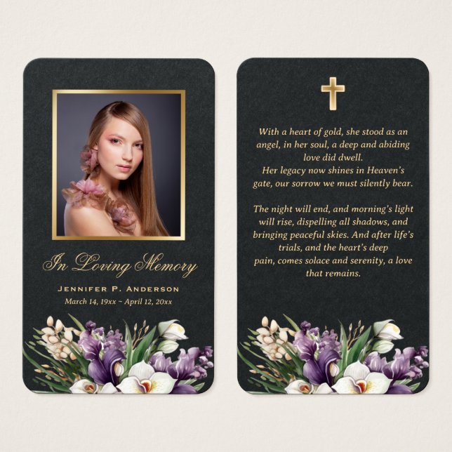 Tarjetas de oración memorial florales de oro negro (Anverso y reverso)