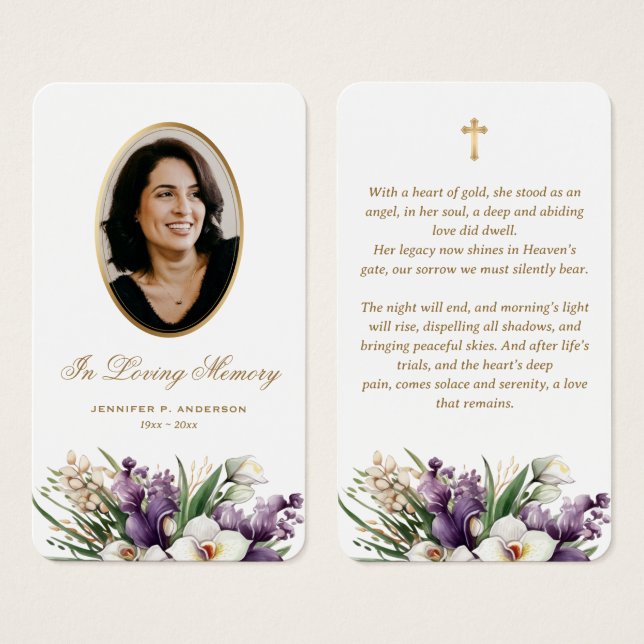 Tarjetas de oración memorial fúnebre con foto flor (Anverso y reverso)