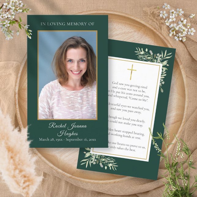 Tarjetas de oración memorial fúnebre de foto en or (Emerald Gold Photo Funeral Memorial Prayer Cards)