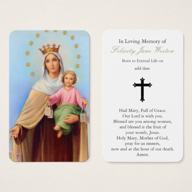 Tarjetas de oración | Nuestra Señora Mt Carmel (Anverso y reverso)