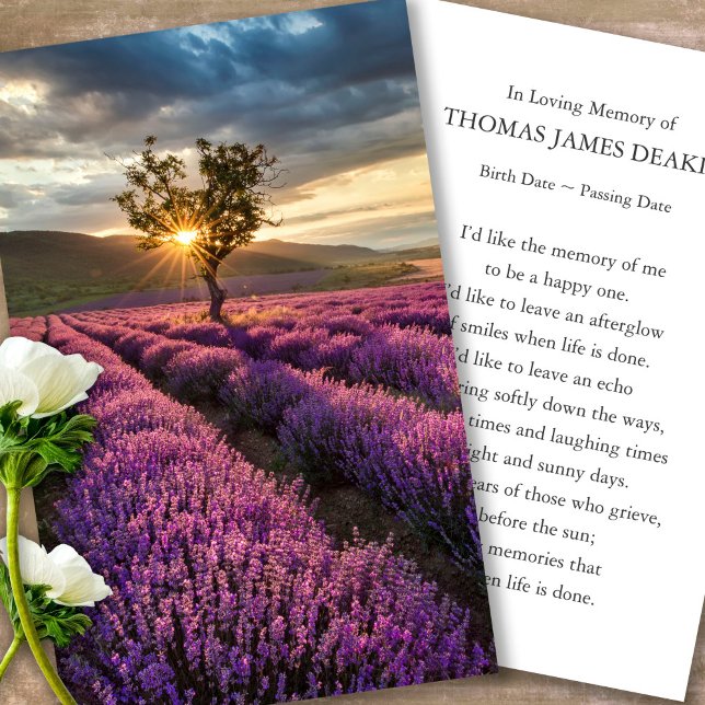 Tarjetas de oración para el amanecer de la Lavanda (sunset, sunrise, lavender, celebration of life, in loving memory of, prayer cards for bereavement)