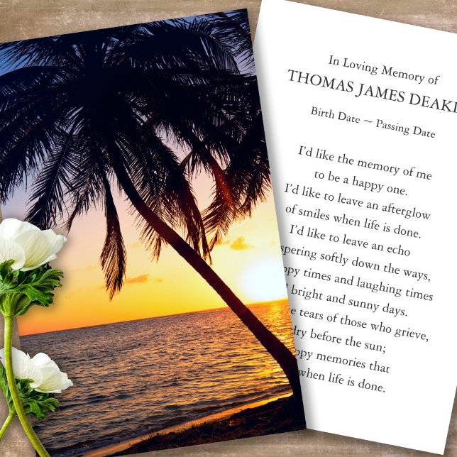 Tarjetas de oración para el amanecer de la palmera (sunset, sunrise, beach, celebration of life, in loving memory of, prayer cards for bereavement)