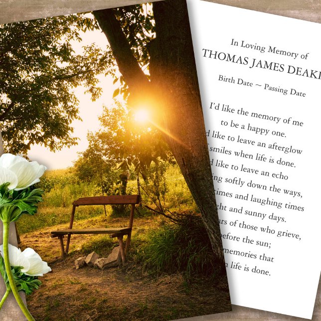 Tarjetas de oración para el amanecer del jardín fu (sunset, sunrise, park bench, celebration of life, in loving memory of, prayer cards for bereavement)
