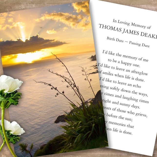 Tarjetas de oración para el amanecer del Pacífico  (sunset, sunrise, beach, celebration of life, in loving memory of, prayer cards for bereavement)